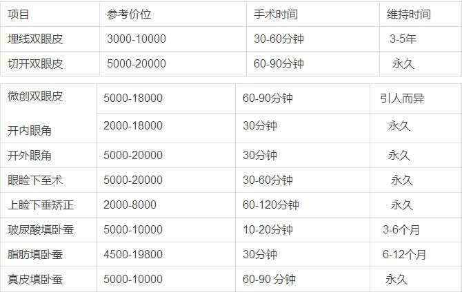 眼部整形手术费用详解